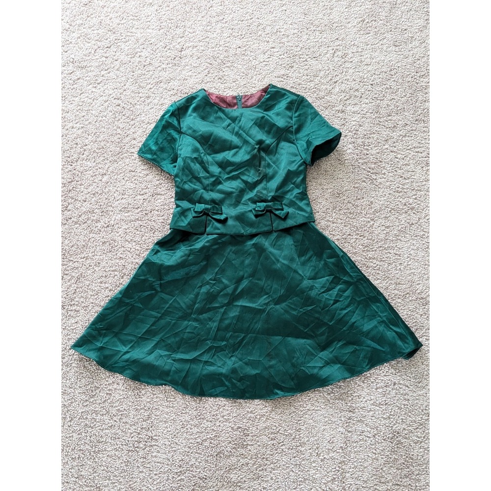 Vintage Jessica McClintock Girls Size 8 Emerald Satin Dress Accent Bows 80s 90s